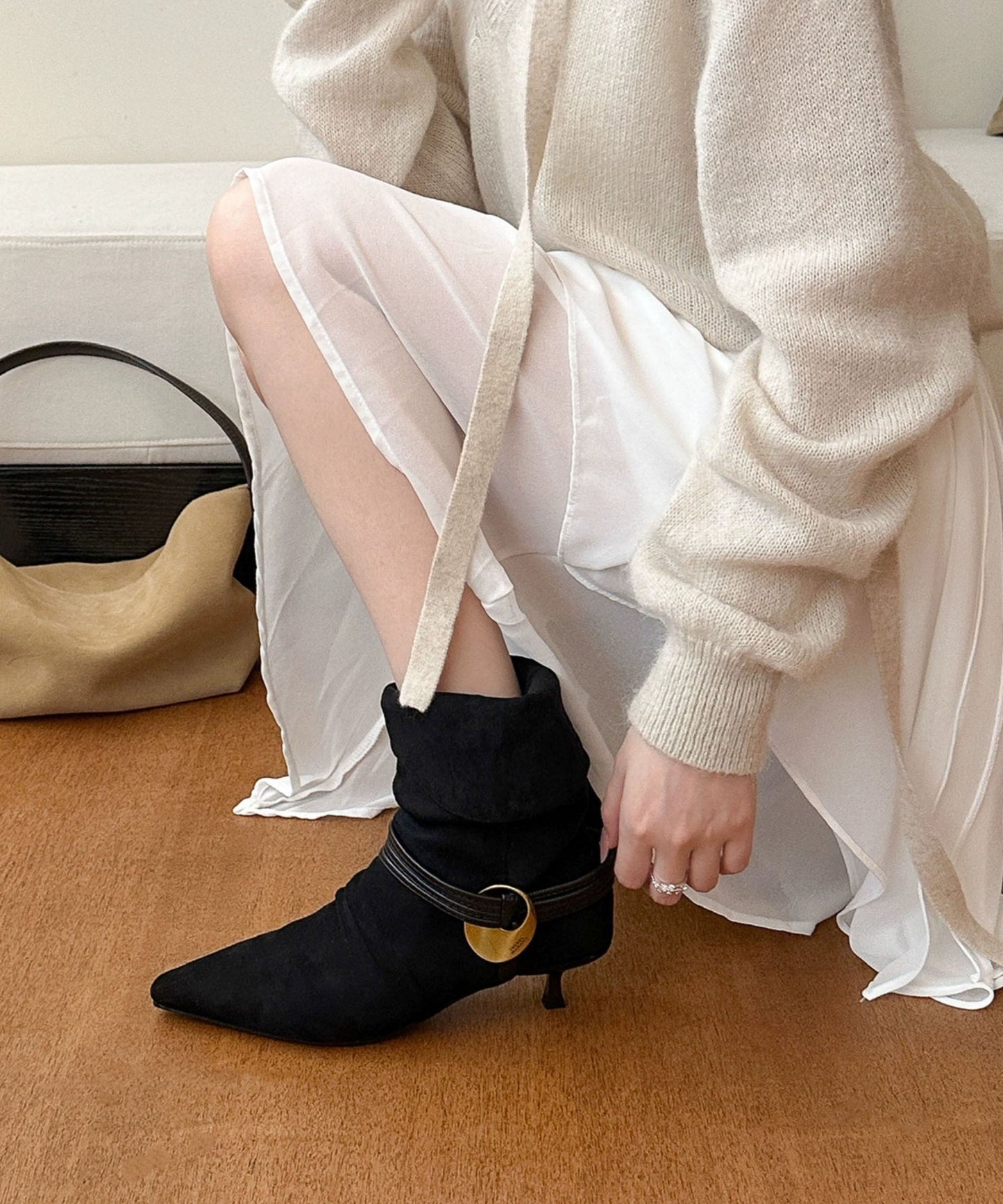 Splicing Chic Boots Toe Heel High Pointed Suede Black FashionChic