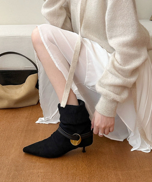 Splicing Chic Boots Toe Heel High Pointed Suede Black FashionChic