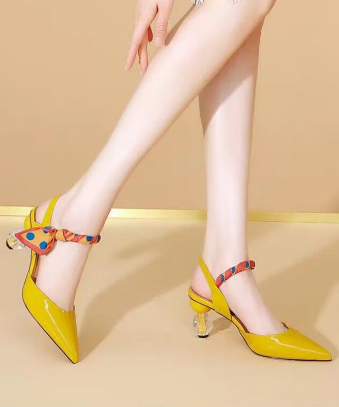 Pointed Yellow Leather High Sandals Toe Splicing Chic Heel Faux FashionChic