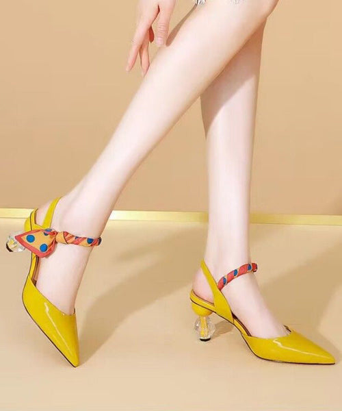 Pointed Yellow Leather High Sandals Toe Splicing Chic Heel Faux FashionChic