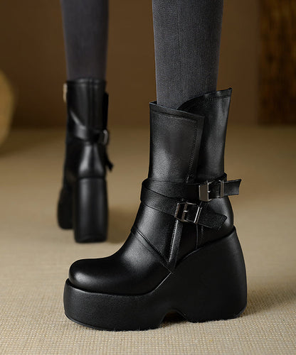 Chic Splicing Wedge Boots Black Cowhide Leather TP014