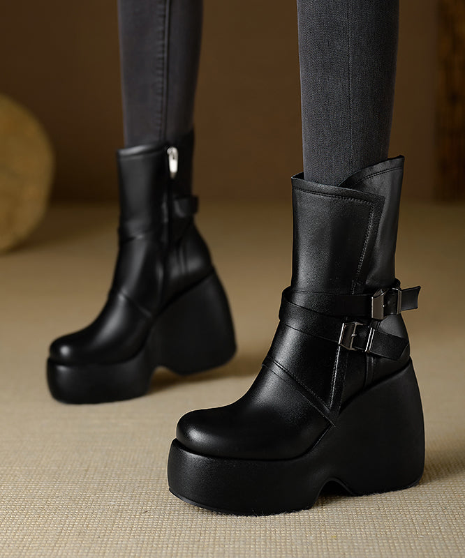 Chic Splicing Wedge Boots Black Cowhide Leather TP014