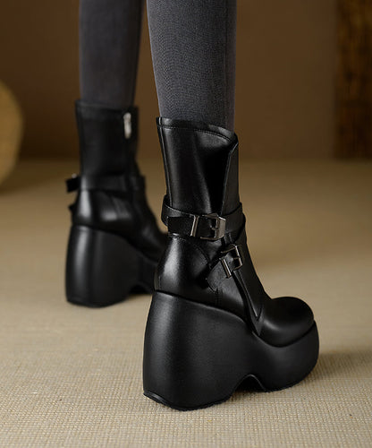 Chic Splicing Wedge Boots Black Cowhide Leather TP014