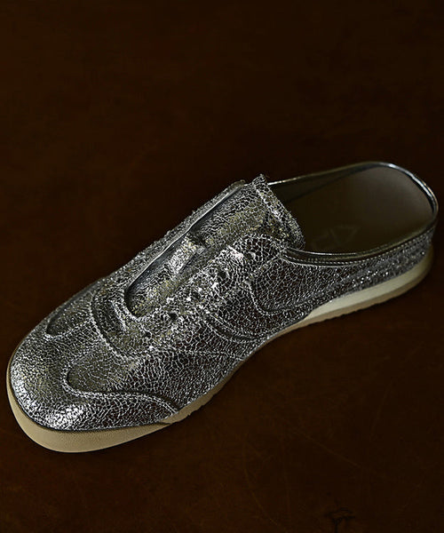 Splicing Cowhide Chic Slide Leather Sandals Silver Wedge FashionChic