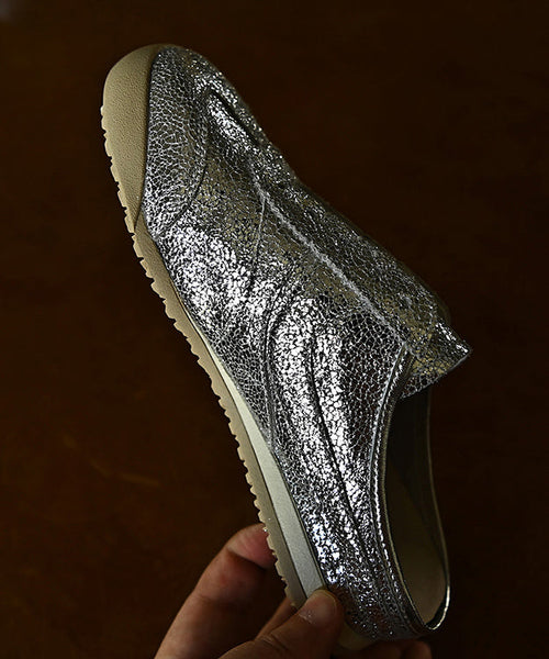 Splicing Cowhide Chic Slide Leather Sandals Silver Wedge FashionChic