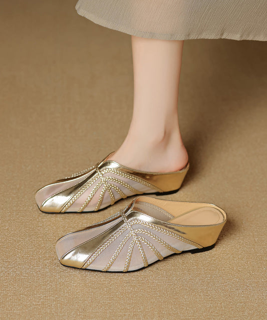 Gold Tulle Wedge Splicing Slide Cowhide Chic Sandals Leather FashionChic