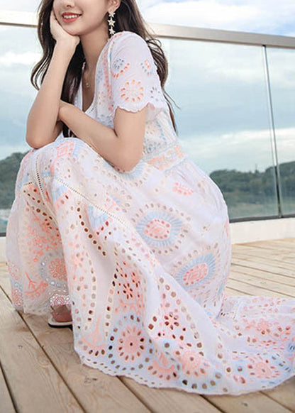 Hollow Out V Dress Linen Long Neck Chic Summer FashionChic