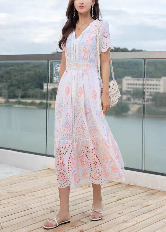 Hollow Out V Dress Linen Long Neck Chic Summer FashionChic