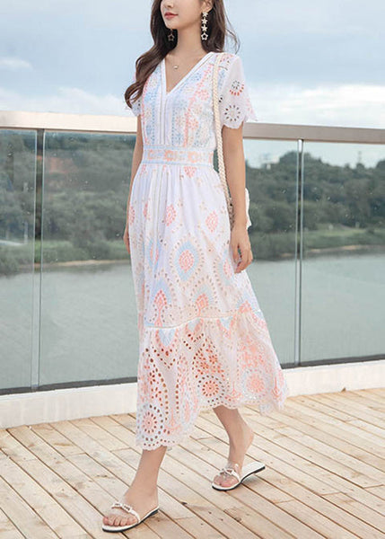 Hollow Out V Dress Linen Long Neck Chic Summer FashionChic