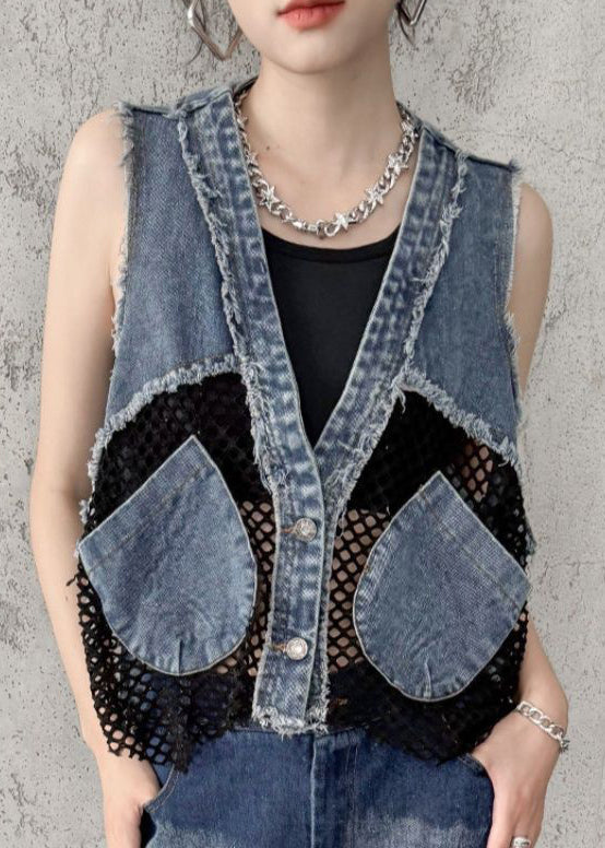 V Denim Vest Neck Pockets Patchwork Chic Mesh Breathable FashionChic