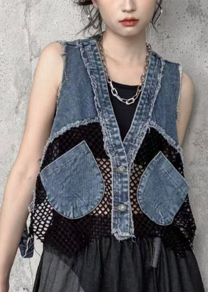 V Denim Vest Neck Pockets Patchwork Chic Mesh Breathable FashionChic