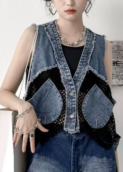 V Denim Vest Neck Pockets Patchwork Chic Mesh Breathable FashionChic