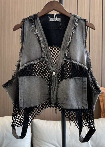 V Denim Vest Neck Pockets Patchwork Chic Mesh Breathable FashionChic