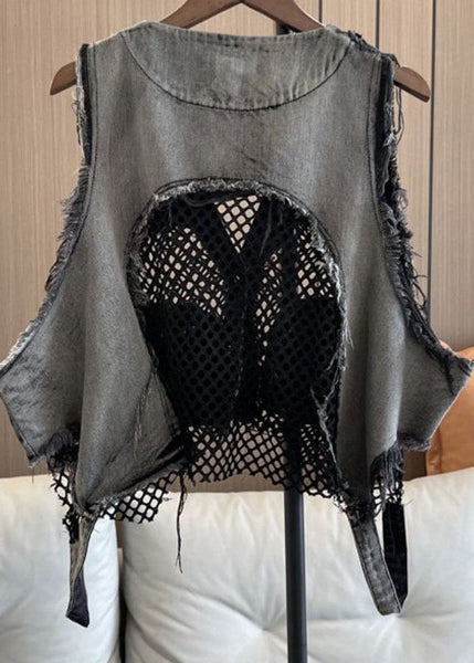 V Denim Vest Neck Pockets Patchwork Chic Mesh Breathable FashionChic
