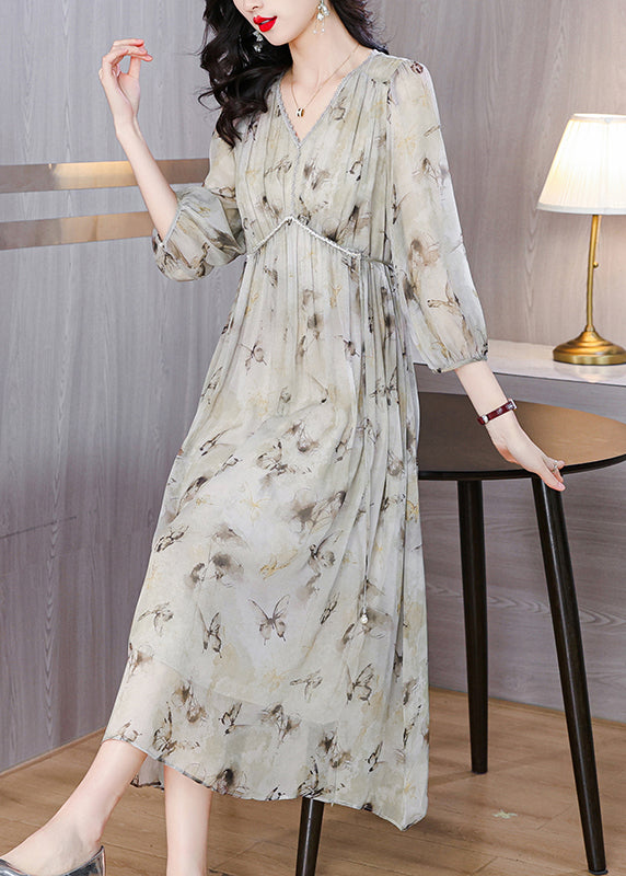 Chic V Neck Print Lace Up Chiffon Long Dress Lantern Sleeve BB001 Hawaii-SDL240622