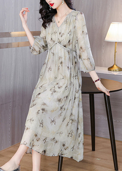 Chic V Neck Print Lace Up Chiffon Long Dress Lantern Sleeve BB001 Hawaii-SDL240622
