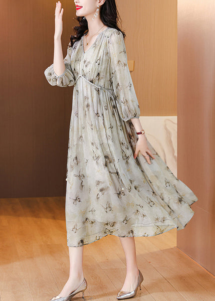 Chic V Neck Print Lace Up Chiffon Long Dress Lantern Sleeve BB001 Hawaii-SDL240622
