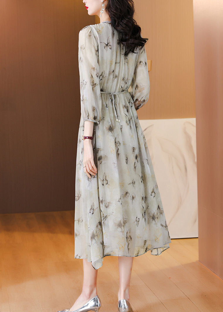 Chic V Neck Print Lace Up Chiffon Long Dress Lantern Sleeve BB001 Hawaii-SDL240622