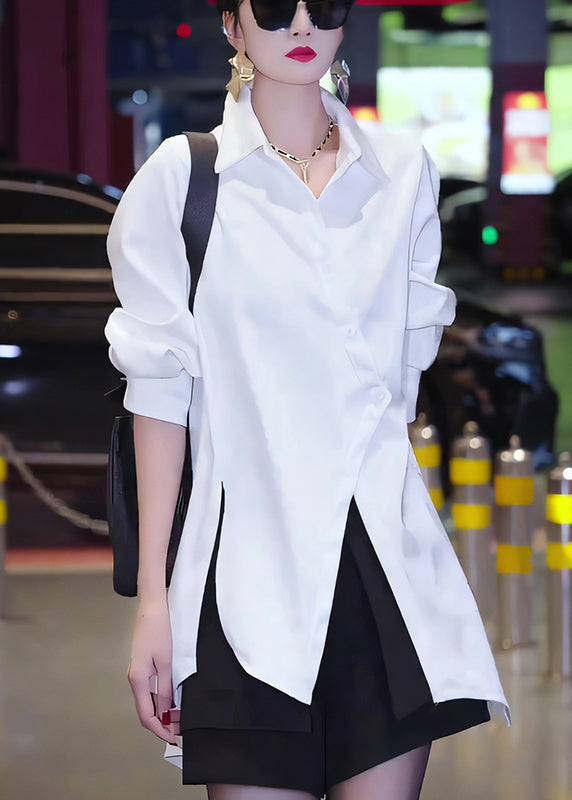 Button Cotton Fall White Chic Asymmetrical Blouses FashionChic