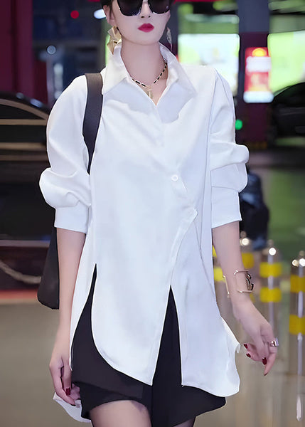 Button Cotton Fall White Chic Asymmetrical Blouses FashionChic