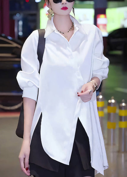 Button Cotton Fall White Chic Asymmetrical Blouses FashionChic