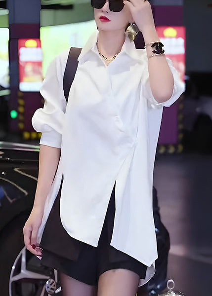 Button Cotton Fall White Chic Asymmetrical Blouses FashionChic