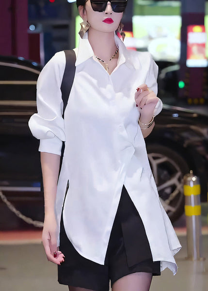 Button Cotton Fall White Chic Asymmetrical Blouses FashionChic