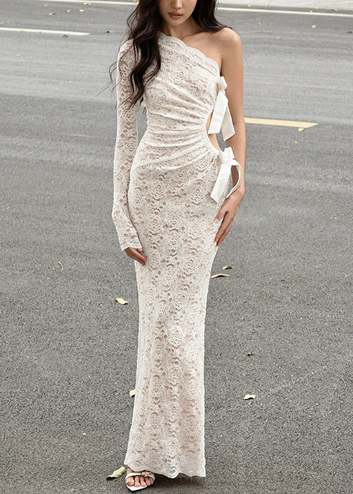 Chic White Asymmetrical Hollow Out Lace Maxi Dress Spring YT018 ABC