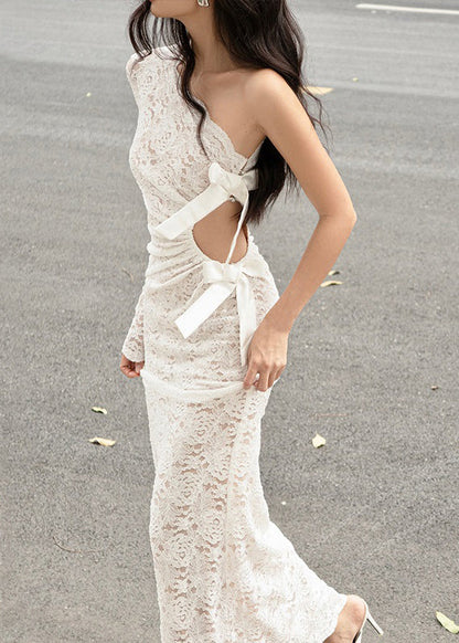 Chic White Asymmetrical Hollow Out Lace Maxi Dress Spring YT018 ABC