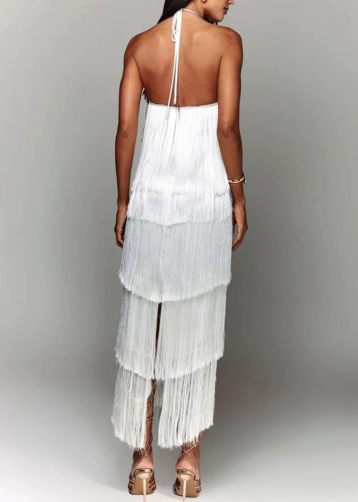 Halter Backless Tasseled Chic White Summer Dress FashionChic