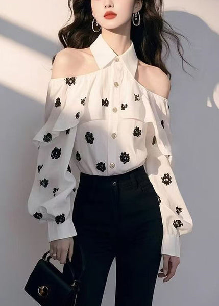 Print Shoulder Chiffon Chic Cold Fall Shirt White FashionChic
