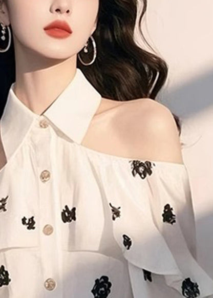 Print Shoulder Chiffon Chic Cold Fall Shirt White FashionChic