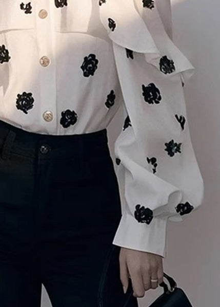 Print Shoulder Chiffon Chic Cold Fall Shirt White FashionChic
