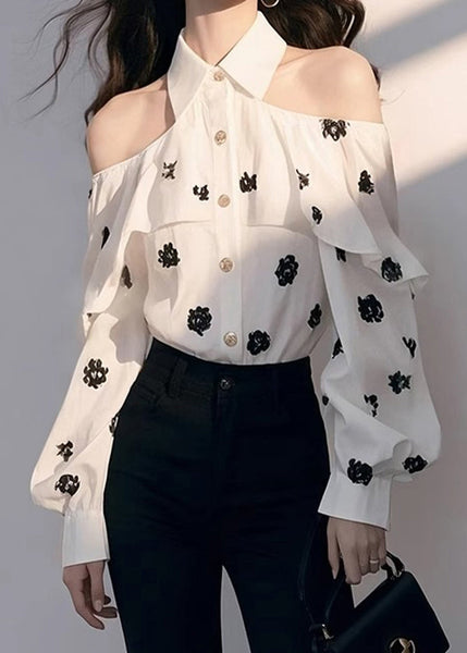 Print Shoulder Chiffon Chic Cold Fall Shirt White FashionChic