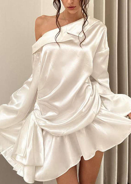 Dress Fall Cold Silk Shoulder Mid Chic Wrinkled White FashionChic