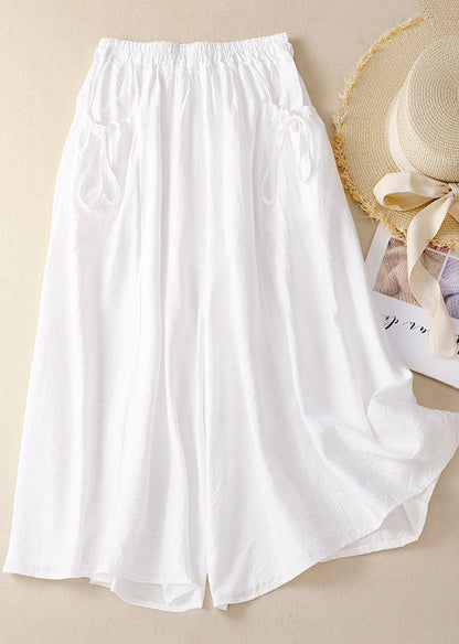 Pockets Leg Chic Cotton Pants Wide Waist Summer Elastic White FashionChic
