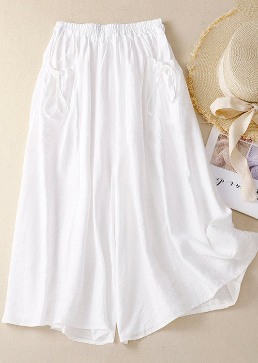 Pockets Leg Chic Cotton Pants Wide Waist Summer Elastic White FashionChic