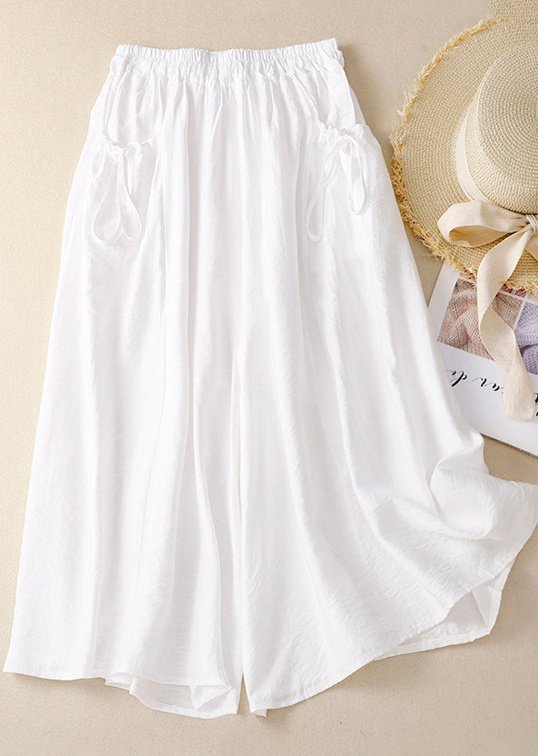 Pockets Leg Chic Cotton Pants Wide Waist Summer Elastic White FashionChic