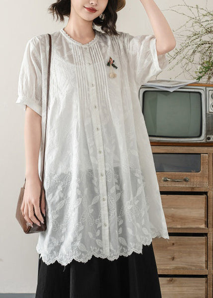 Embroidered Chic Long Blouses Summer White Cotton FashionChic