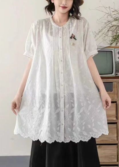 Embroidered Chic Long Blouses Summer White Cotton FashionChic
