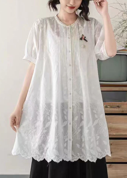 Embroidered Chic Long Blouses Summer White Cotton FashionChic