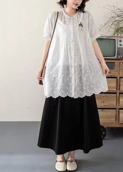 Embroidered Chic Long Blouses Summer White Cotton FashionChic