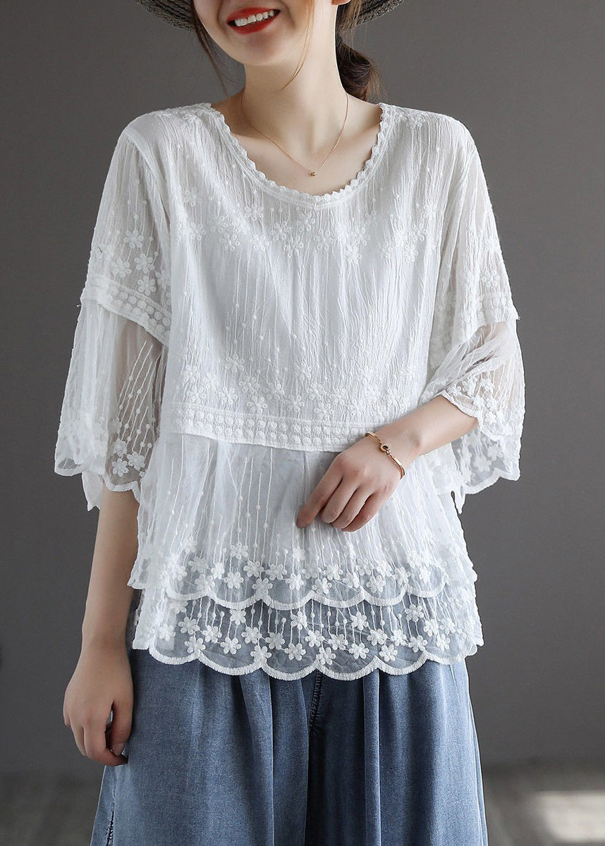 Chic White Embroidered Lace PatchworkTops Half Sleeve VV093 HS-HTP240627