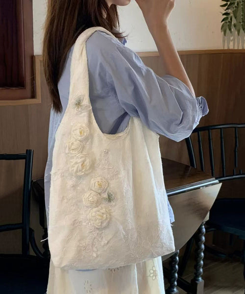 Chic White Floral Decorated Canvas Satchel Handbag WI037 Bag-BGS241105