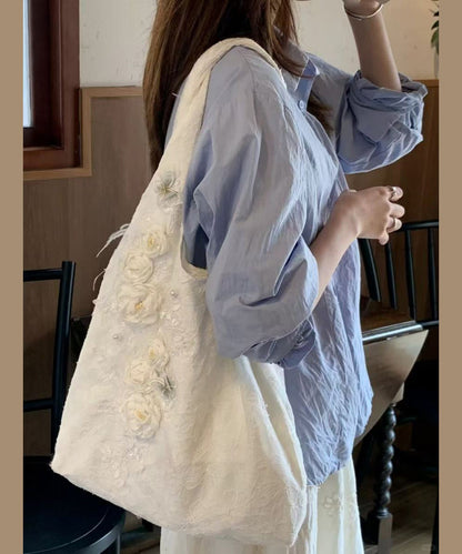 Chic White Floral Decorated Canvas Satchel Handbag WI037 Bag-BGS241105