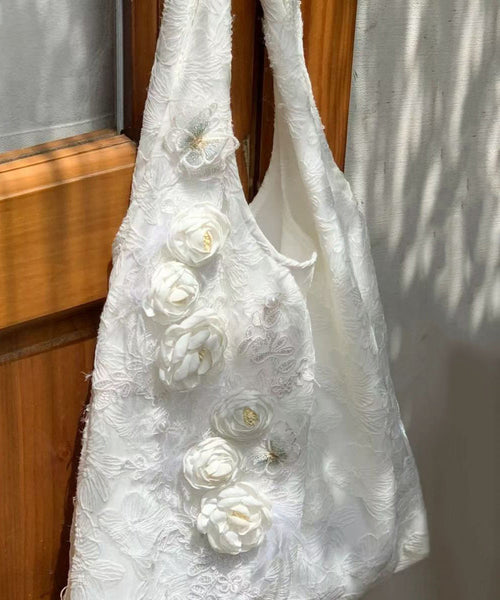 Chic White Floral Decorated Canvas Satchel Handbag WI037 Bag-BGS241105