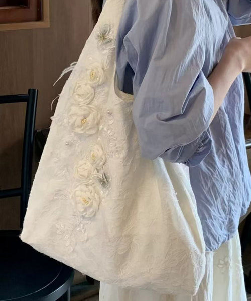 Chic White Floral Decorated Canvas Satchel Handbag WI037 Bag-BGS241105