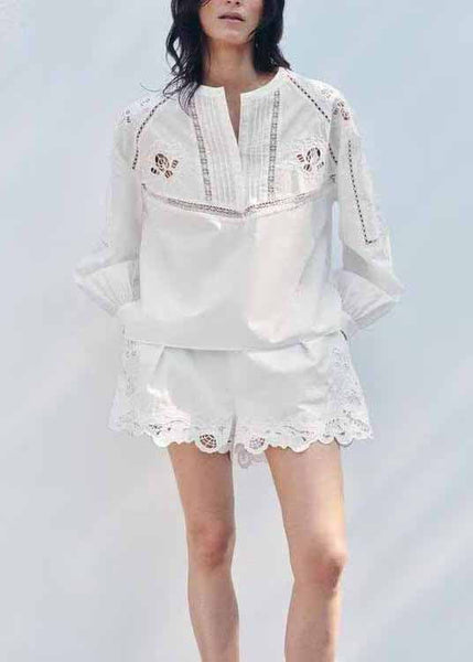 Out Fall Cotton Embroidered Set Hollow White Two Chic Piece FashionChic