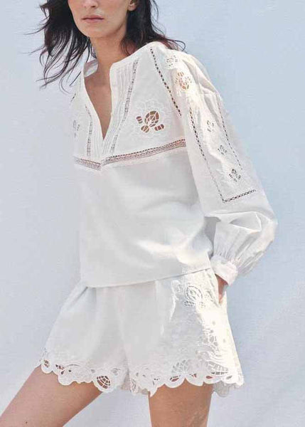 Out Fall Cotton Embroidered Set Hollow White Two Chic Piece FashionChic