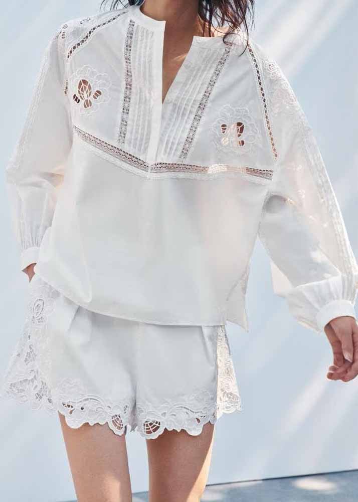Out Fall Cotton Embroidered Set Hollow White Two Chic Piece FashionChic